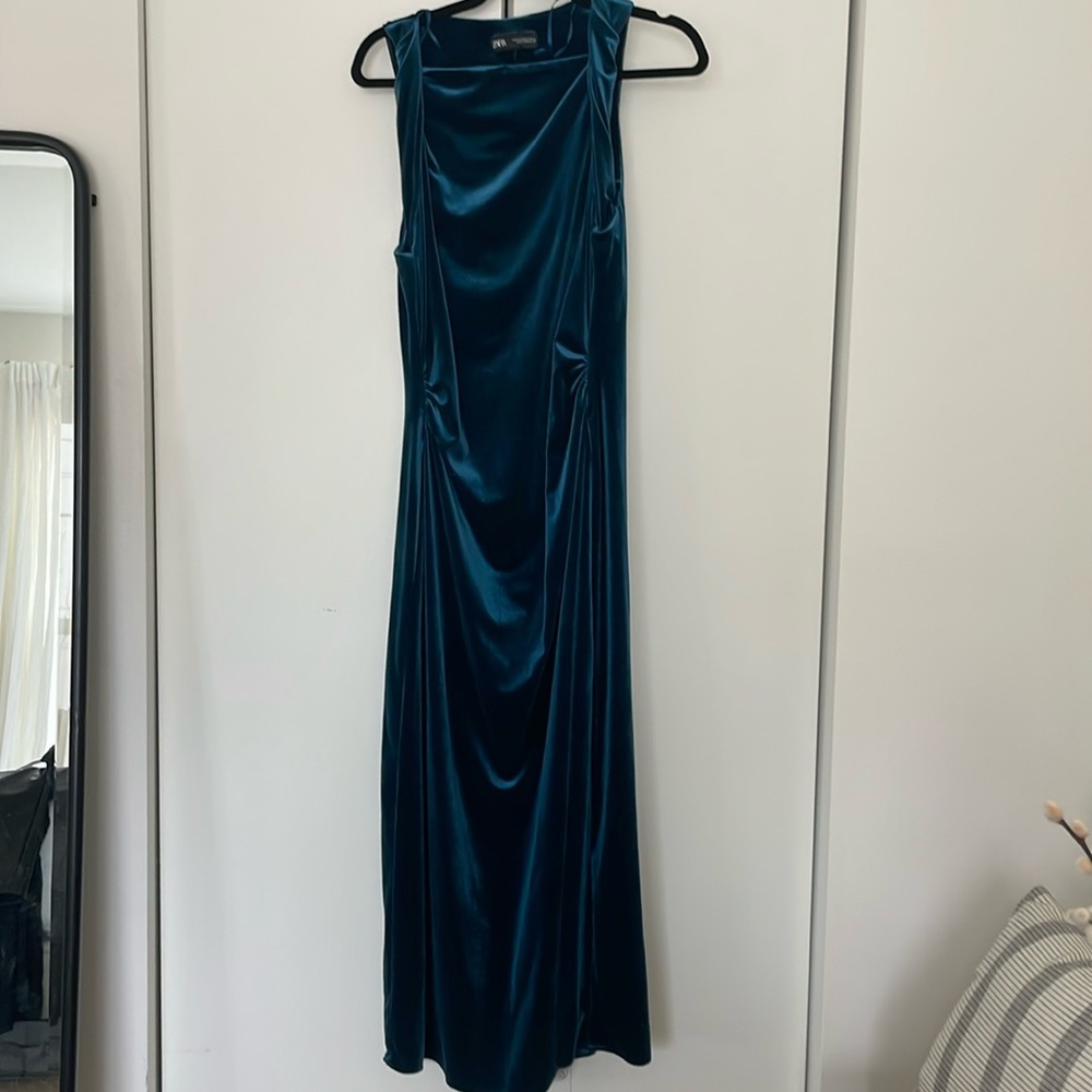 Zara Ruched Blue Velvet Midi Dress